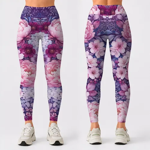 Romantic Pink Peony And Plum Winter Floral Garden For Yoga Pilates Lounge Style Women Leggings