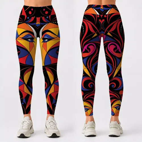 Cubist Pop Art Feminine Face With Red Ribbon Hair For Yoga Studio Fitness Style Vibe Leggings