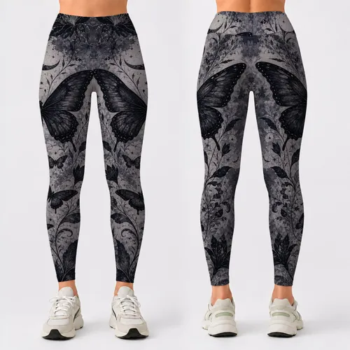 Black Gray Tie Dye Butterfly Gothic Floral Motif For Yoga Studio And Athleisure Wear Leggings