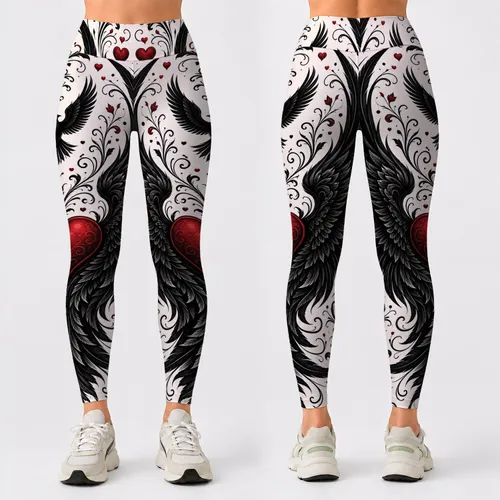 Black Raven Wings With Ruby Hearts Gothic Romance For Festivals And Night Out Style Leggings