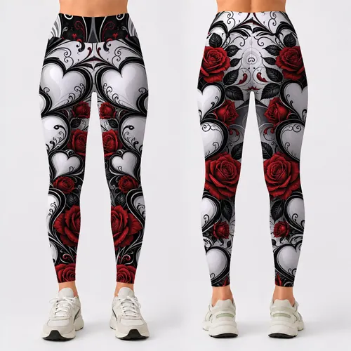 Black White Crimson Hearts Roses Scrollwork For Romantic Yoga And Everyday Style Leggings