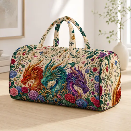 Three Jeweled Dragon Heads With Enchanted Florals For Fantasy Travel Style Lovers Quilted Weekend Bag