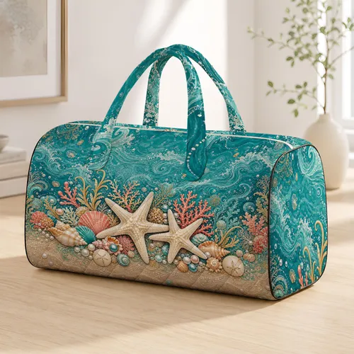 Coastal Starfish Seashell Coral Pearls Ocean Treasure For Luxury Resort Vacation Quilted Weekend Bag