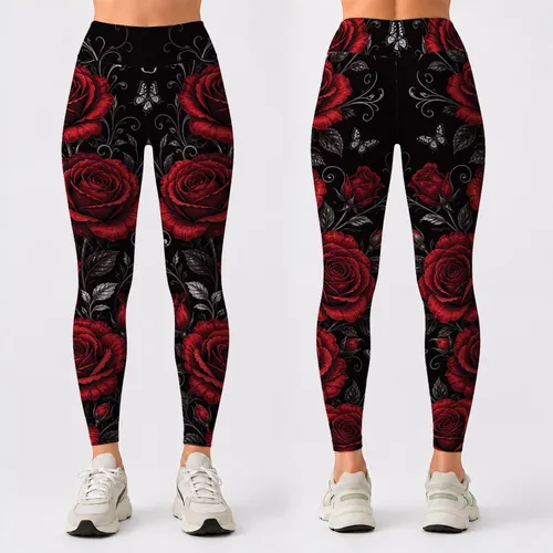 Crimson Rose Cascade On Black With Silver Vines For Elegant Holiday Party Nights Leggings