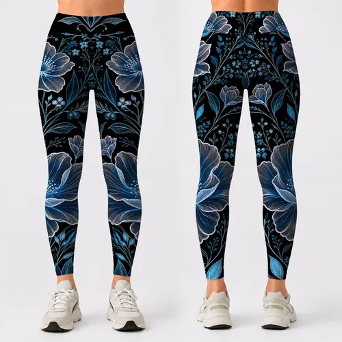 Glowing Cyan Botanical Flowers On Black For Yoga Studio Nights And Women's Streetwear Leggings