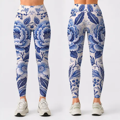 Blue Chinoiserie Peony Florals On Ivory For Casual Boutique Style And Yoga Days Outfits Leggings
