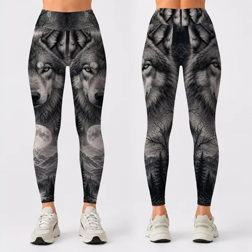 Monochrome Gray Wolf And Moonlit Forest Wilderness Style For Gym Yoga And Casual Wear Leggings