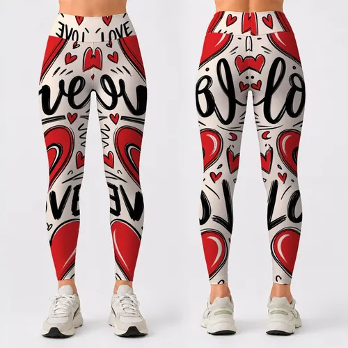 Red Hearts And Love Lettering Valentine Workout Style For Women Gym And Date Night Leggings