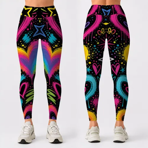 Neon Graffiti Hearts And Starbursts For Yoga, Gym, Running, Dance, Festival Style Leggings