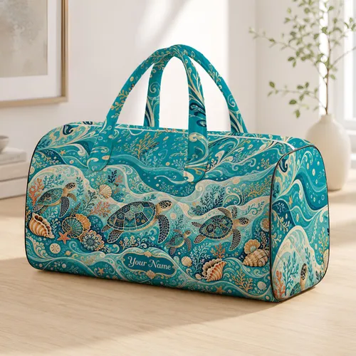 Sea Turtle Coastal Lagoon With Shells For Beach Travel And Tropical Vacation Style Quilted Weekend Bag