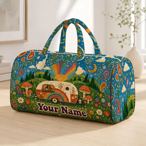 Woodland Camper Road Trip Retro Floral Rainbow Keepsake For Travelers And Campers Quilted Weekend Bag