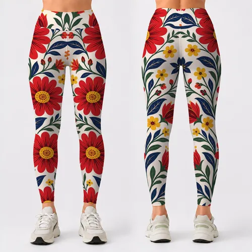Retro Botanical Floral Vine With Red Daisies For Yoga, Fitness, And Weekend Style Leggings