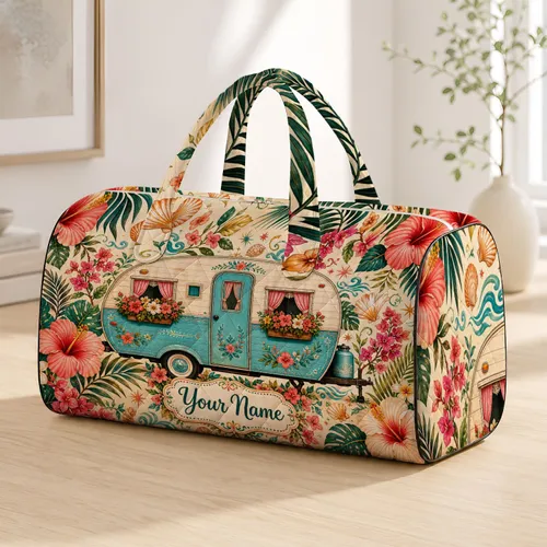 Retro Camper Trailer With Tropical Florals For Coastal Getaways And Vacation Lovers Quilted Weekend Bag