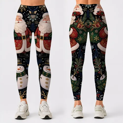 Santa Snowman Reindeer Snowflakes On Black For Christmas Party Winter Style Women Leggings