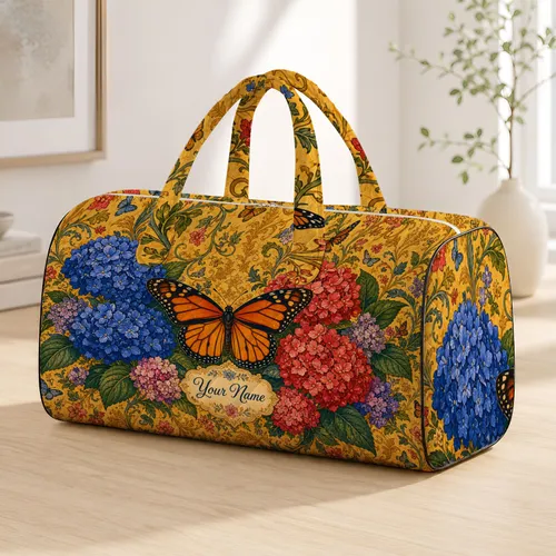 Monarch Butterfly Hydrangea Garden Vintage Floral Travel Romance For Weekend Getaways Quilted Weekend Bag