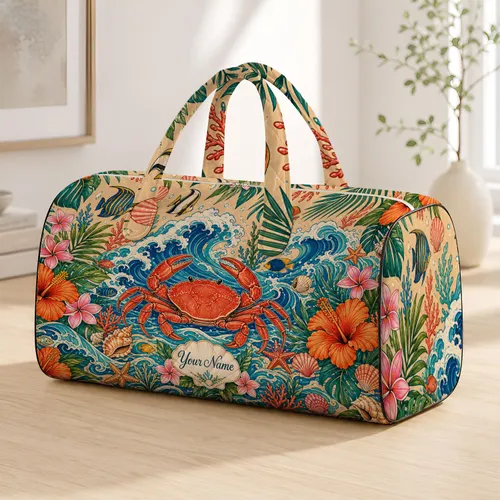 Hawaiian Crab With Tropical Waves And Island Flowers For Coastal Vacation Style Lovers Quilted Weekend Bag