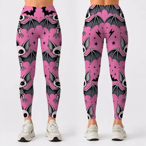 Pink Gothic Skeletal Bats And Crescent Moons For Halloween Yoga And Punk Parties Leggings