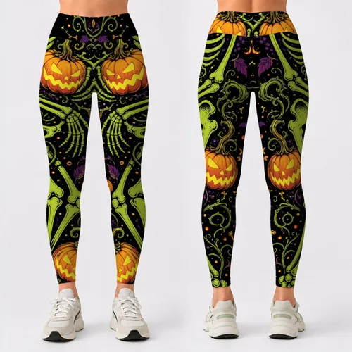 Neon Skeleton Bones And Jack O Lantern Pumpkins For Spooky Halloween Gym Style Women Leggings