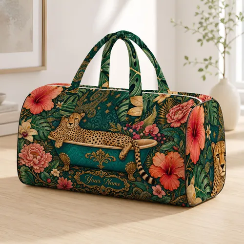 Cheetah In Turquoise Bathtub With Tropical Florals For Luxe Overnight Getaways For Her Quilted Weekend Bag