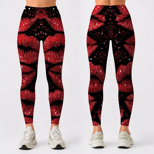 Red Lipstick Kiss Marks On Black For Romantic Date Night Streetwear Style Women Look Leggings