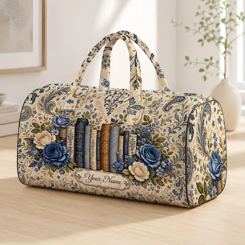 Blue Roses And Vintage Books Literary Botanical Boho Library Travel Gift For Readers Quilted Weekend Bag