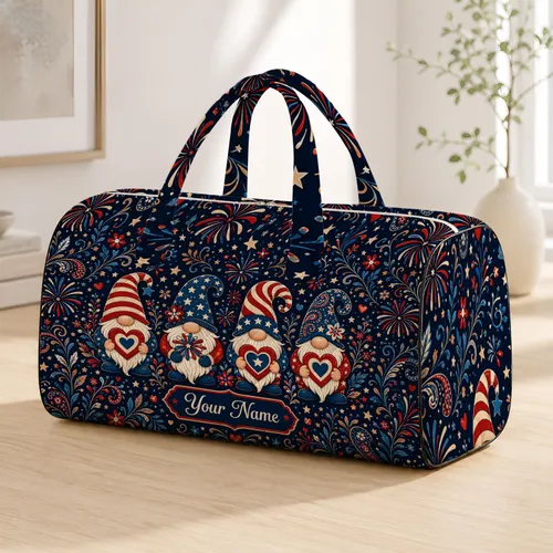 Patriotic Garden Gnomes With Hearts For Fourth Of July Travel And Summer Getaways Quilted Weekend Bag