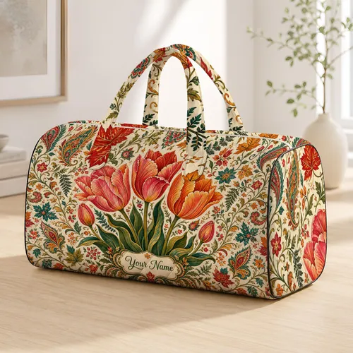 Tulip Garden Florals With Ivory Folk Vines For Autumn Travel And Market Days For Her Quilted Weekend Bag