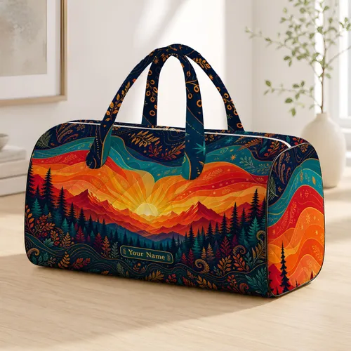 Wilderness Sunrise Mountains With Pine Forest Folk Style For Outdoor Travel Lovers Quilted Weekend Bag