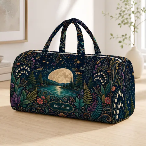 Bohemian Moonlit Lake With Botanical Vines For Festival Travel And Coastal Getaways Quilted Weekend Bag