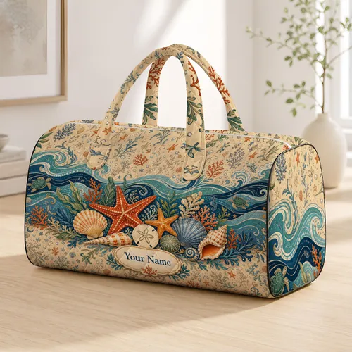 Coastal Shells And Teal Waves With Starfish For Beach Holidays And Summer Travel Quilted Weekend Bag