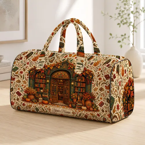 Autumn Library Storefront With Folk Florals For Cozy Bookish Travel And Reader Style Quilted Weekend Bag