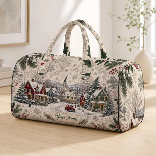 Snowy Winter Village With Name Plaque For Holiday Travel Lovers And Cozy Getaways Quilted Weekend Bag