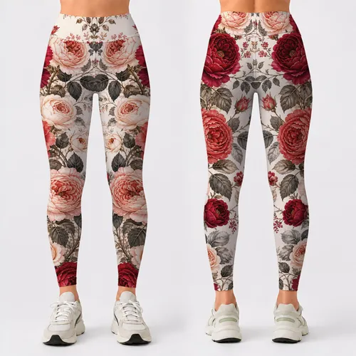 Wine Red Rose Garden Florals On Ivory For Romantic Everyday Boutique Style Women Leggings
