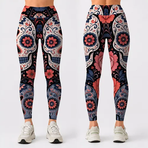 Día De Los Muertos Sugar Skulls With Gothic Florals For Yoga Festival Style And Dance Leggings