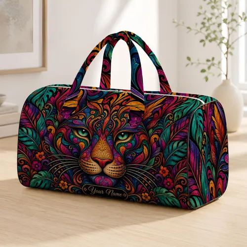 Rainbow Big Cat Stained Glass Folk Art For Colorful Travel Yoga Beach Escapes For Women Quilted Weekend Bag