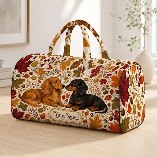 Elegant Dachshund Duo With Autumn Leaves For Cozy Fall Travel And Dog Mom Getaways Quilted Weekend Bag