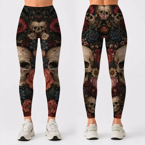 Gothic Skull Flower Garden Dark Romantic Botanicals For Yoga Gym And Festival Style Leggings