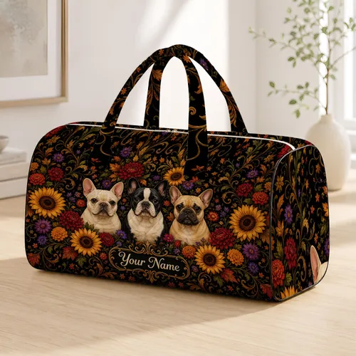 Black Botanical Three Dog Sunflower Floral Autumn Travel With Name Cartouche For Pet Moms Quilted Weekend Bag