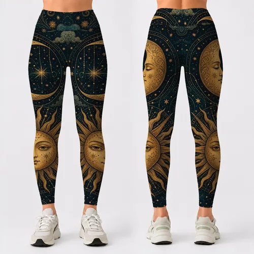 Celestial Boho Moon And Golden Sun Face For Yoga, Parties, Lunar Festival Outfits Leggings