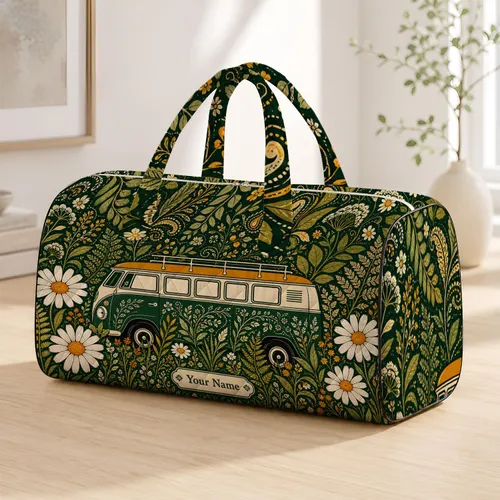 Retro Forest Camper Bus With Daisy Meadow Folk Art For Road Trips And Campus Travel Quilted Weekend Bag
