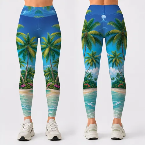 Turquoise Tropical Beach Palm Shoreline For Yoga Gym Summer Resort Style Women Wear Leggings