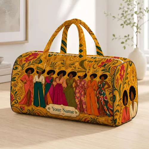 Seven Afro Women In Mustard African Botanical Motifs For Travel Getaways And Work Quilted Weekend Bag