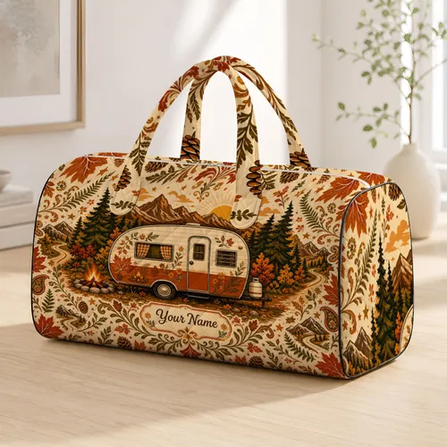 Retro Camper Fall Mountains Autumn Road Trip Decor For Cozy Camping Travelers And RV Fans Quilted Weekend Bag