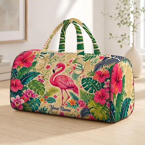 Tropical Flamingo With Hibiscus Leaves For Resort Travel And Summer Beach Vacations Quilted Weekend Bag