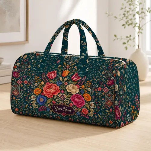 Teal Botanical Floral Bouquet With Cream Name Script For Travel And Campus Style Quilted Weekend Bag