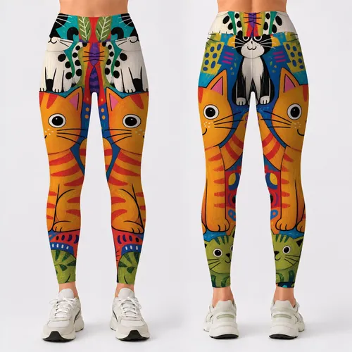 Whimsical Cartoon Cats Folk Art Colorful Yoga Studio Everyday Wear For Cat Lovers Leggings