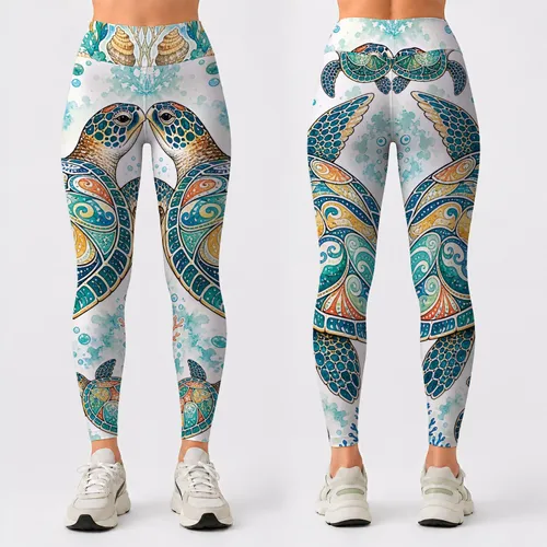 Sea Turtle Coral Reef Watercolor Tropical Beach Yoga Vacation Plus Size Women Style Leggings