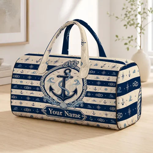 Navy Nautical Stripes With Anchor And Rope Wreath For Coastal Sailing Getaway Lovers Quilted Weekend Bag