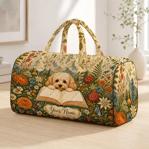 Fluffy Alpine Dog With Open Book And Wildflower Meadow For Cozy Reading Getaways Quilted Weekend Bag