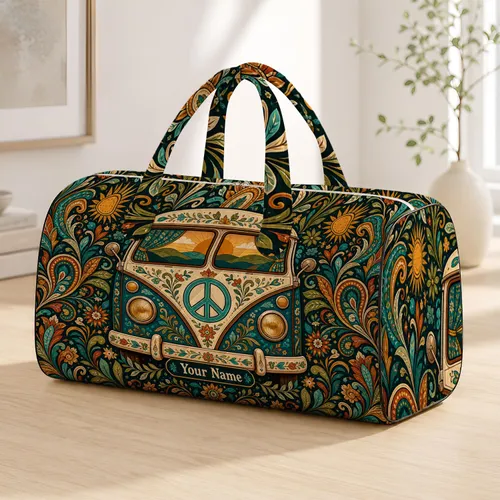 Retro Boho Peace Van With Teal Florals For Road Trips And Festival Travel Lovers Quilted Weekend Bag